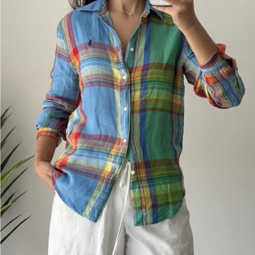 Polo Ralph Lauren Shirt Womens Small Plaid 100% Linen Button Up Long Sleeve - Picture 11 of 16